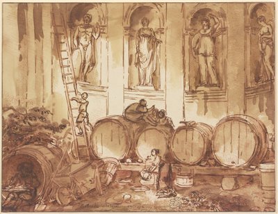 Wijnopslagplaats in een niszaal met vier beelden van goden uit de oudheid door Hubert Robert