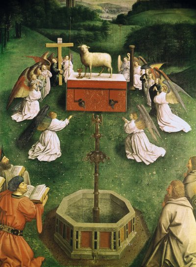 Kopie van De Aanbidding van het Mystieke Lam, van het Gentse altaarstuk, onderste helft van het centrale paneel door Hubert and Jan van  Eyck