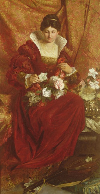 Een dame die bloemen rangschikt door Hubert von Herkomer