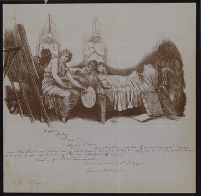 Scène van een sterfbed met kinderen en allegorische figuren, waaronder een kunstenaar met ezel door Hubert von Herkomer