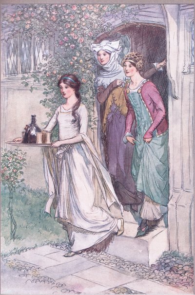 "Anne Page komt binnen met wijn, gevolgd door Mevrouw Ford en Mevrouw Page", illustratie uit 