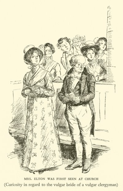 Mevrouw Elton werd voor het eerst gezien in de kerk, Nieuwsgierigheid naar de vulgaire bruid van een vulgaire predikant (gravure) door Hugh Thomson
