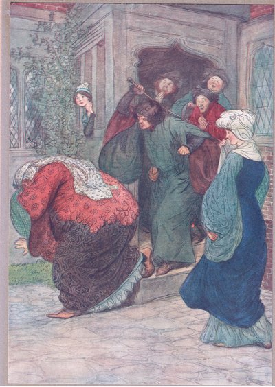 Uit mijn deur, heks, illustratie uit The Merry Wives of Windsor, 1910 door Hugh Thomson