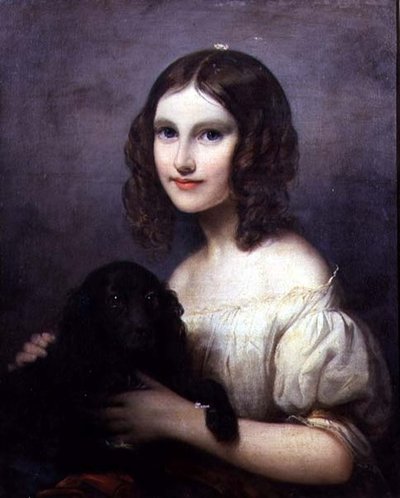 Portret van een jong meisje met haar hond door Hugues Merle