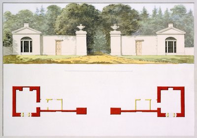 Elevatie- en grondplannen van voorgestelde nieuwe ingangspoort en lodges, uit het Rode Boek voor Antony House, c.1812 door Humphry Repton