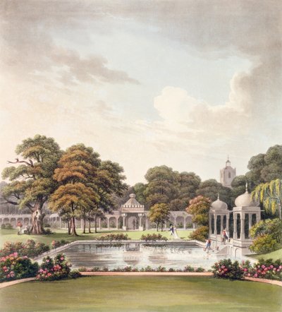 Uitzicht vanaf de koepel, Brighton Pavilion, gegraveerd door Joseph Constantine Stadler, gepubliceerd 1808 door Humphry Repton