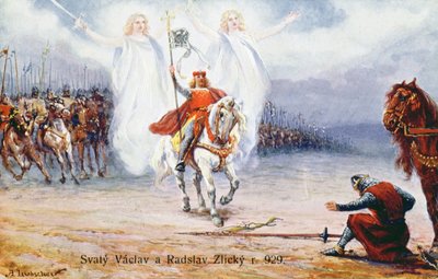 Hertog van Kourim geeft zich over aan Sint-Wenceslaus na het zien van twee engelen die de heilige vergezellen door Hungarian School