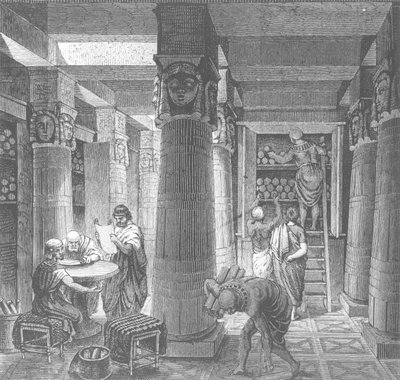 Imaginair hercreatie van de Ptolemeïsche bibliotheek in Alexandrië, Egypte, uit Histoire Generale des Peuples, 1880 door Hungarian School