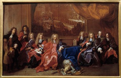 De provoost en de schepenen van de stad Parijs beraadslagen over de herdenking van het diner aangeboden aan Lodewijk XIV in het stadhuis na zijn oorlog in 1687 door Hyacinthe Francois Rigaud