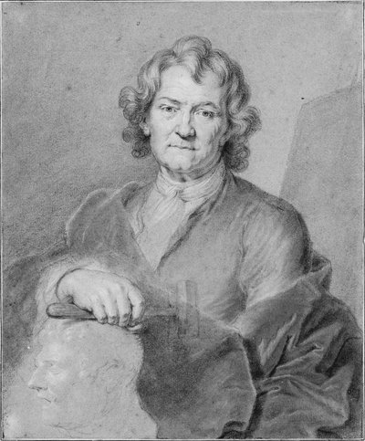 Portret van Pierre Puget, zijn rechterhand houdt een hamer vast en rust op een gebeeldhouwd hoofd door Hyacinthe Francois Rigaud