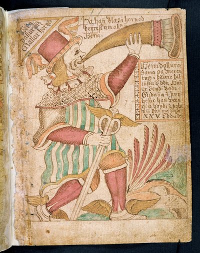 Heimdal die zijn hoorn blaast voor Ragnarok, uit Melsteds Edda door Icelandic School