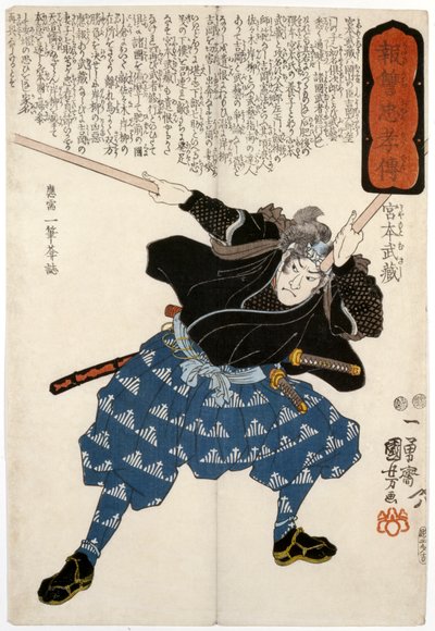 Miyamoto Susashi, de zwaardvechter, gegraveerd door door Ichiyusai Kuniyoshi