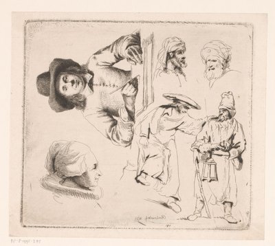 Compositie met schrijvende man, hoofd van een vrouw en vier mannelijke figuren door Ignace Joseph de Claussin