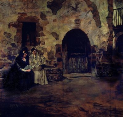 Twee vrouwen met mantilla en waaier bij de deur van een boerderij – 20e eeuw door Ignacio Zuloaga y Zabaleta