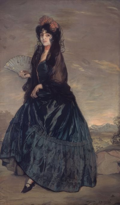 Vrouw met mantilla, bloemen en waaier door Ignacio Zuloaga y Zabaleta