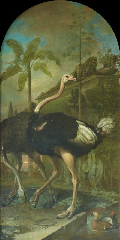 Een struisvogelpaar, op de achtergrond een sarcofaag door Ignaz Heinitz von Heinzenthal