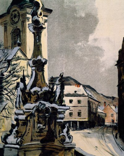 Uitzicht op Hainburg an der Donau, Oostenrijk, stad waar Franz Joseph Haydn muziek studeerde, Prent door Igo Potsch ter viering van de honderdste sterfdag van de muzikant door Igo Potsch