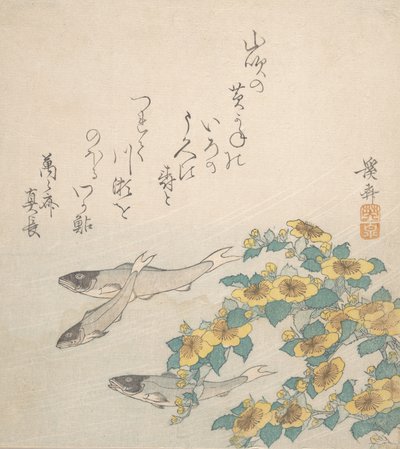Vissen zwemmen met gele bloemen, ca. 1830 door Ikeda Eisen