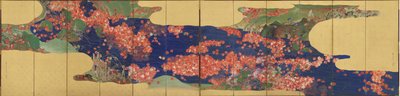 Esdoornbladeren op een stroom, zesdelig scherm, Edo-periode door Ikeda Koson