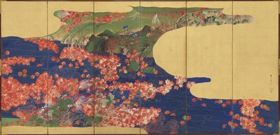 Esdoornbladeren op een stroom, zesdelig scherm, Edo-periode door Ikeda Koson