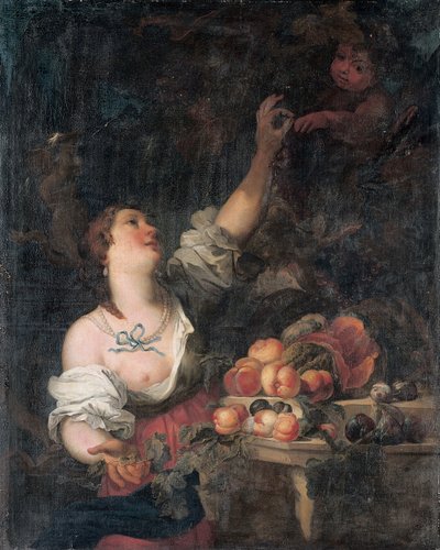 Een vrouw die druiven plukt en een putto bij een klassiek voetstuk versierd met fruit door Il Borgognone