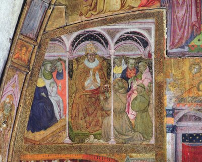 St. Franciscus smeekt Paus Honorius III om de Bevestiging van de Aflaat, fresco uit de Porziuncola, 1393 door Ilario da Viterbo