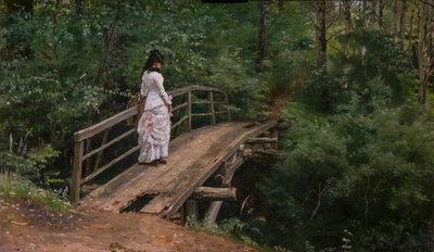 Zomerlandschap. Vera Repine op een kleine brug in Abramtsevo door Ilya Efimovich Repin