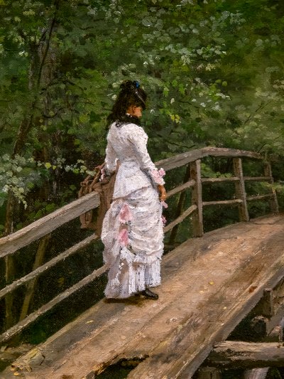 Zomerlandschap. Vera Repine op een kleine brug in Abramtsevo door Ilya Efimovich Repin