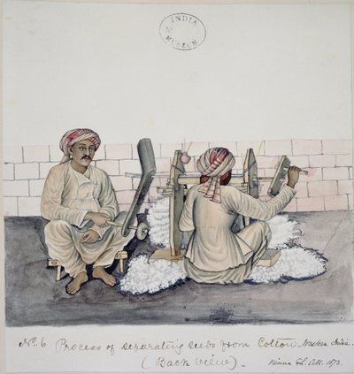 Twee mannen die katoen ontzaden, Bombay, ca. 1873 door Indian School