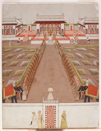 Een Nawab houdt hof in een paviljoen, voorbij een laan van bedienden en twee olifanten, c.1765 door Indian School