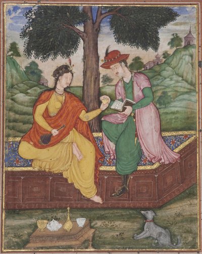 Een man en vrouw zittend onder een boom, c.1590 door Indian School