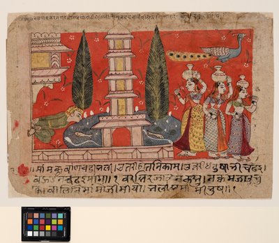 Een man die aan de zijkant van een paleis klimt, bespiedt gopis over een vijver met een pagode door Indian School