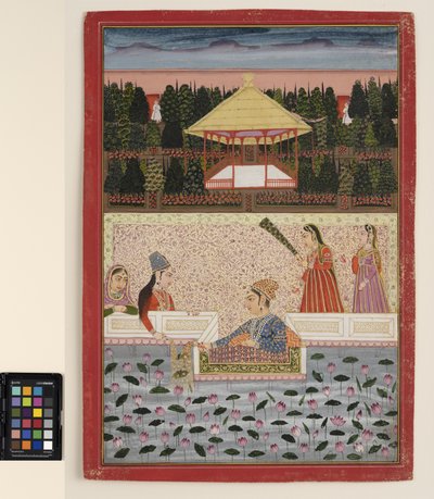 Een prins en prinses spelen met sterretjes bij een lotusbassin, c.1760 door Indian School