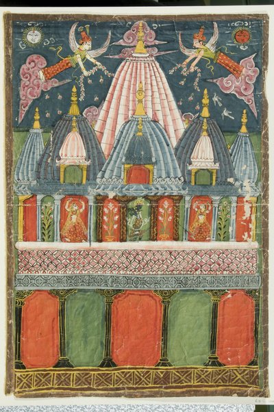 Een tempel met een beeld van Venu-gopala-krishna met twee dansende meisjes die optreden voor de godheid door Indian School