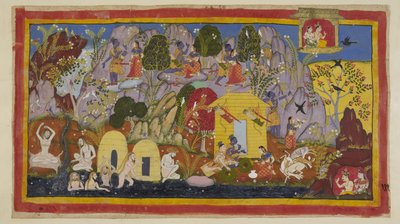 Add 15296 (1) f.111r, Ondertussen is alles vredig met de ballingen in hun verblijf op de Citrakuta-berg. Rama wijst Sita op de schoonheid ervan - de vele soorten prachtige bomen en vogels, de rotsen gekleurd door edelstenen en mineralen, en de Mandakini-ri door Indian School