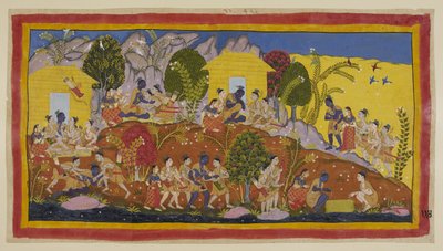 Bharata en Shatrughna werpen zich aan de voeten van Rama, die zijn jongere broers omhelst en hun hoofden ruikt. Rama neemt hen op zijn schoot terwijl hij naar hun welzijn en dat van hun vader vraagt. door Indian School