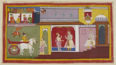 Add 15296 (1) f.18r, Vasistha keert terug naar het paleis en vertelt Dasaratha dat alles klaar is voor de ceremonie. Dasaratha trekt zich terug in een binnenkamer van het paleis. Boven kijkt Kaikeyi