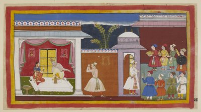 Add 15296 (1) f.27r, Vasistha heeft Sumantra verteld de koning te informeren dat alles klaar is, en hij informeert Dasaratha hierover. Hij wordt door Kaikeyi, met Dasaratha
