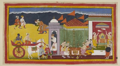 Add 15296 (1) f.30r, Sumantra arriveert bij de ingang van het paleis met Rama in zijn wagen, met stadsbewoners die buigen om hen te verwelkomen. Eenmaal binnen de paleismuren neemt Rama deel aan offers aan het heilige vuur met brahmanen onder een pandal, t door Indian School