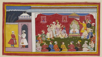 Dasaratha zit op zijn troon in volle durbar, met Rama en Laksmana knielend naast hem, terwijl de boodschapper die door Bharata vanuit het hof van zijn grootvader is gestuurd de koning vertelt hoe ijverig zijn andere twee zonen studeren. Een ring van c door Indian School