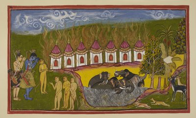 Add 15296 (2) f.15r, Sugriva is verslagen en verwijt Rama dat hij hem niet heeft geholpen, maar Rama vertelt hem dat hij hem niet kon onderscheiden van zijn broer. Op weg terug naar Kiskindha om zijn uitdaging te hernieuwen, groeten Rama en Laksmana de Sap door Indian School