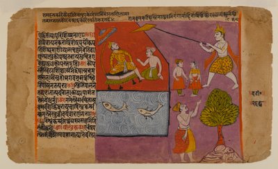 Balarama Trekt Hastinapur naar de Ganges, pagina uit een Bhagavata Dasamskanda serie, midden 17e eeuw door Indian School