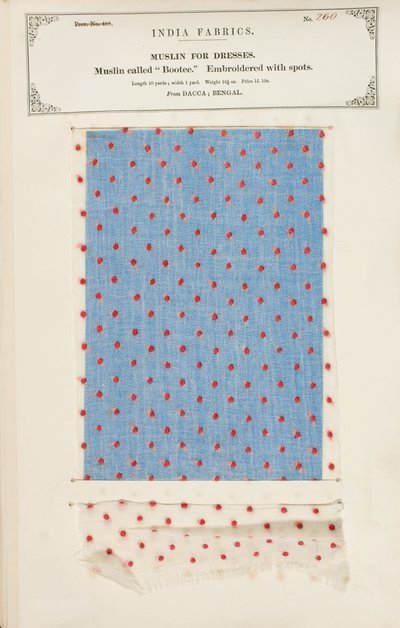 Bootee mousselinemonster geborduurd met stippen uit Dacca in Bengalen, uit The Collection of the Textile Manufacturers of India, door John Forbes Watson, gepubliceerd in 1866 door Indian School