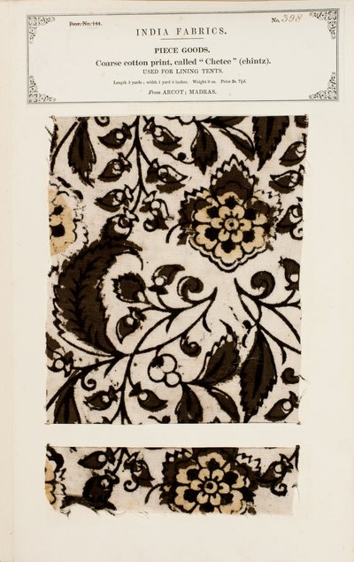 Grof katoenmonster met chetee (chintz) patroon uit Arcot in Madras, uit De Collectie van de Textielfabrikanten van India, door John Forbes Watson, gepubliceerd in 1866 door Indian School