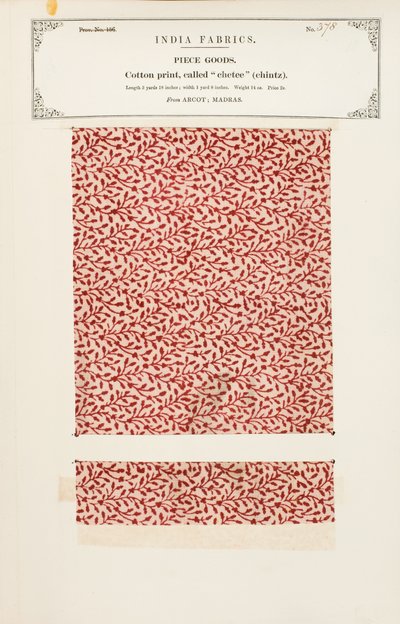 Katoenmonster met chetee (chintz) print uit Arcot in Madras, uit De Collectie van de Textielfabrikanten van India, door John Forbes Watson, gepubliceerd in 1866 door Indian School