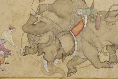 Detail van een olifantengevecht, met florale arabeskenrand, c.1610 door Indian School