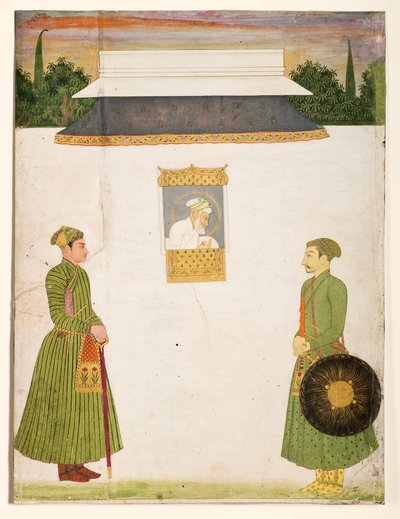 Keizer Aurangzeb bij een jharokha-raam, twee edelen op de voorgrond, c.1710 door Indian School