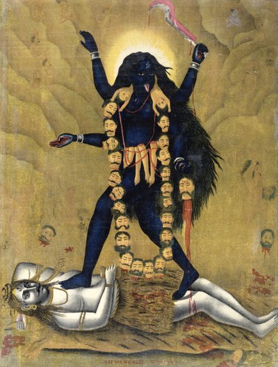 Hindoe godin Kali dansend op Siva door Indian School