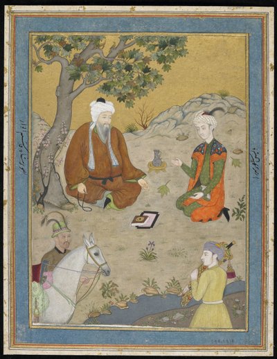 Heilige man met prins en bedienden, los albumfolio met schilderij, ca. 1900 door Indian School