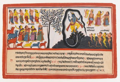 Krishna overwint de slang Kaliya, pagina uit een verspreide Bhagavata Purana-serie door Indian School